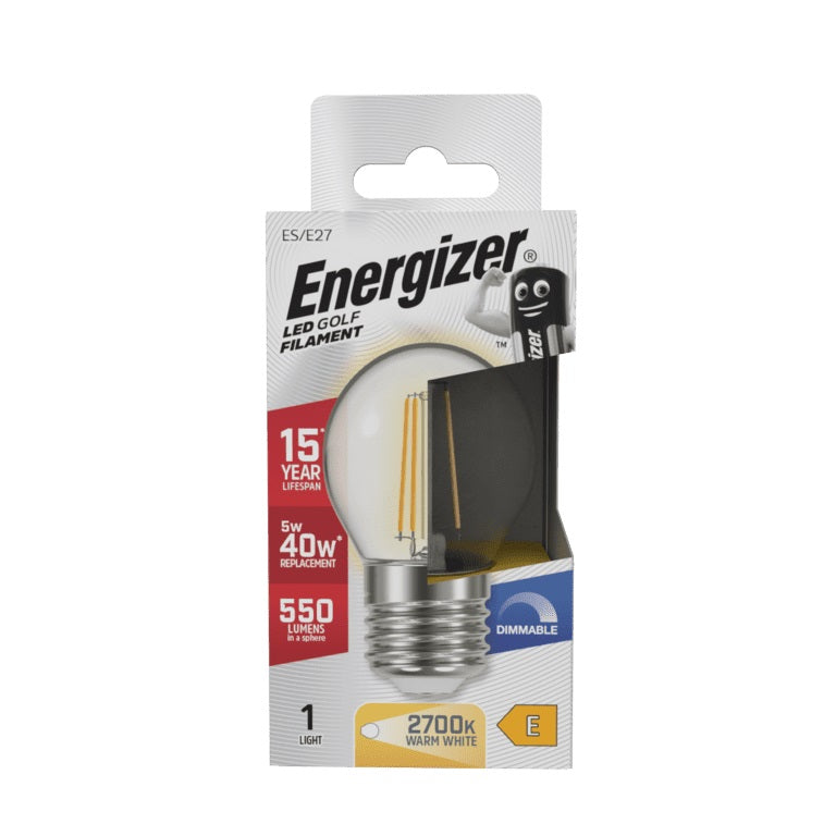 Energizer Golf Filament ES-E27 LED Bulb Transparent 78mm x 45mm S29792 | 5W | 40W Replacement | 2700K Warm White | 550 Lumens | 15-Year Lifespan | Dimmable | 15000Hr Lifespan | Mercury Free | Energy Rating E | CRI-80