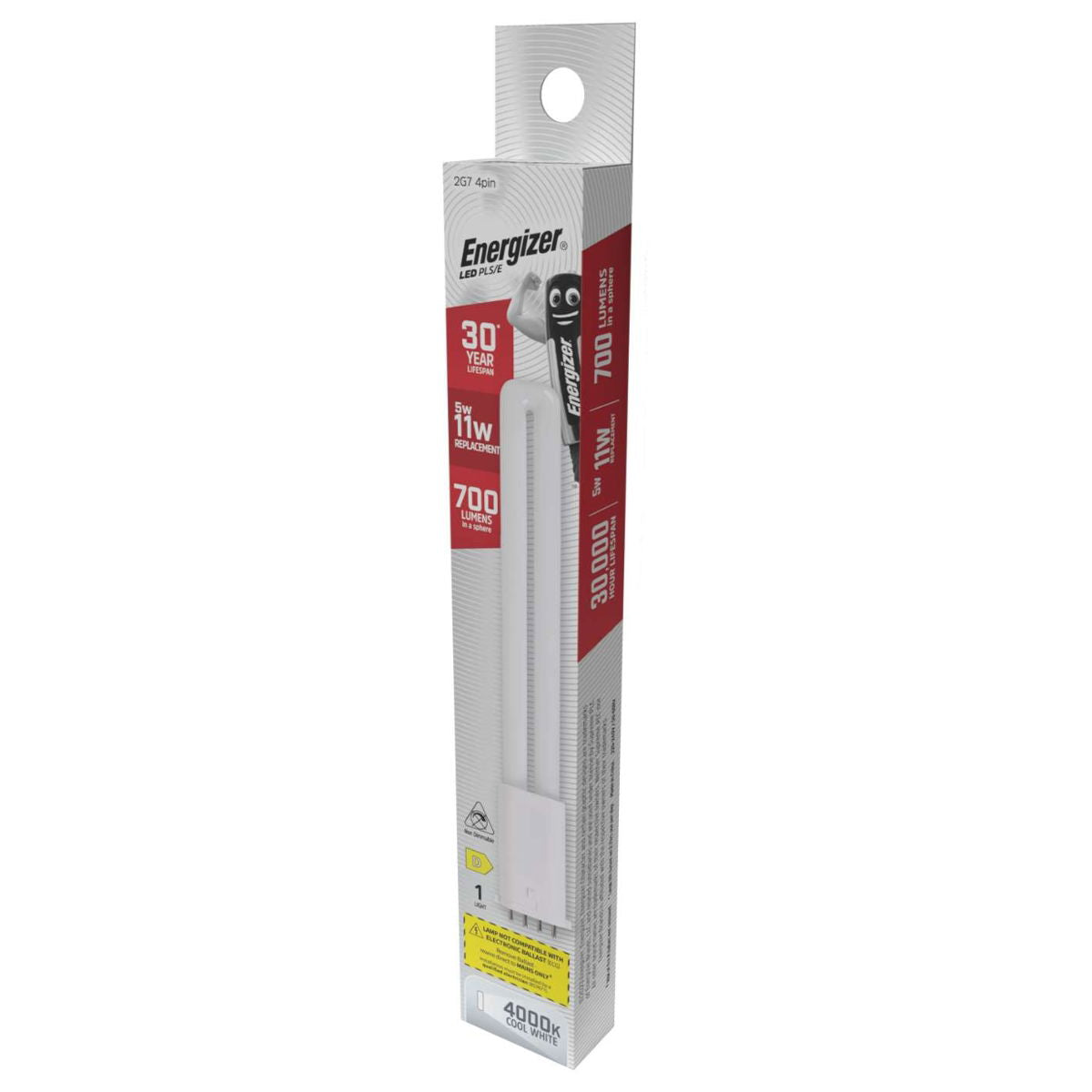 Energizer 2G7 4Pin LED PLS-E White 220mm x 30mm S30437 | 5W | 11W Replacement | 4000K Cool White | 700 Lumens | 30-Year Lifespan | Non Dimmable | 30000Hr Lifespan | Mercury Free | Energy Rating D | CRI-80