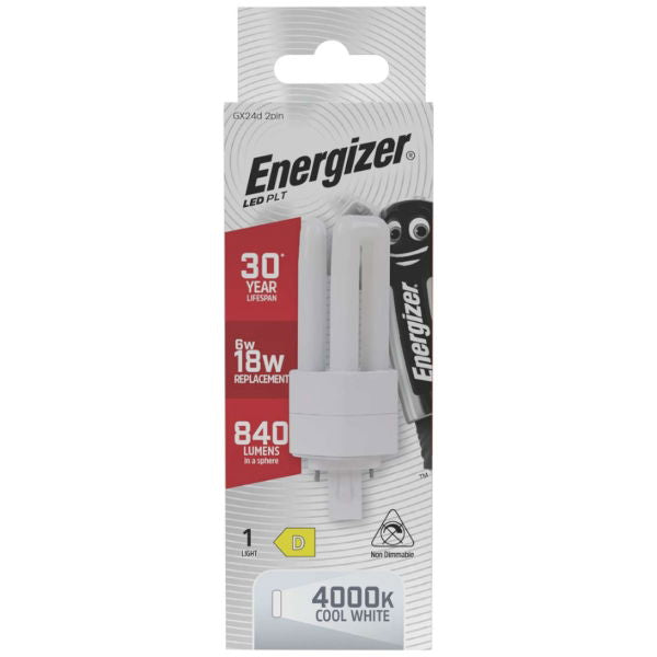 Energizer GX24d 2Pin LED PLT White 125mm x 50mm S30438 | 6W | 18W Replacement | 4000K Cool White | 840 Lumens | 30-Year Lifespan | Non Dimmable | 30000Hr Lifespan | Mercury Free | Energy Rating D | CRI-80