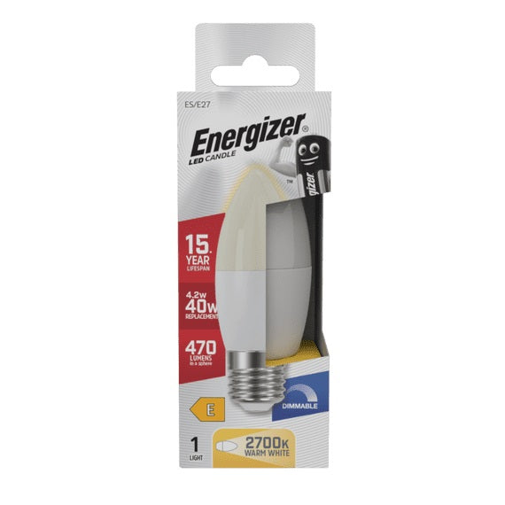 Energizer ES-E27 LED Candle White 100mm x 37mm S29769 | 4.2W | 40W Replacement | 2700K Warm White | 470 Lumens | 15-Year Lifespan | Dimmable | 15000Hr Lifespan | Mercury Free | Energy Rating E | CRI-80