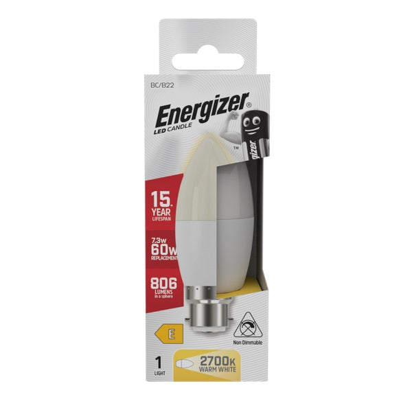 Energizer BC-B22 LED Candle White 107mm x 37mm S17355 | 7.3W | 60W Replacement | 2700K Warm White | 806 Lumens | 15-Year Lifespan | Non Dimmable | 15000Hr Lifespan | Mercury Free | Energy Rating E | CRI-80