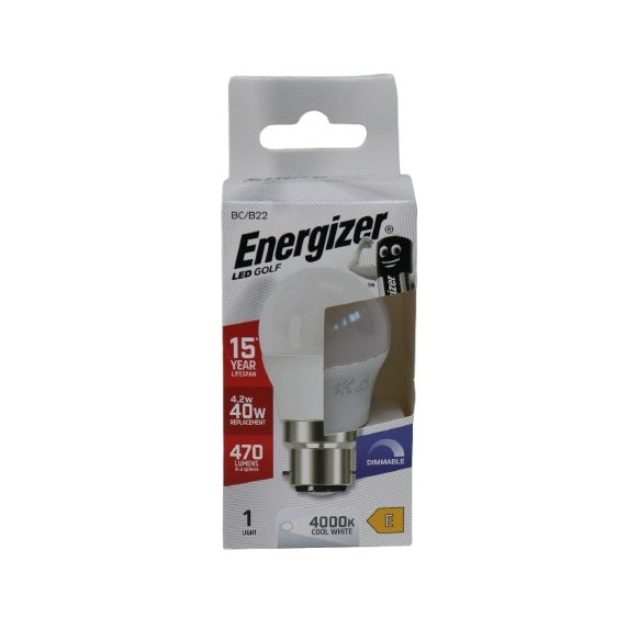 Energizer Golf BC-B22 LED Bulb White 80mm x 45mm S30634 | 4.2W | 40W Replacement | 4000K Cool White | 470 Lumens | 15-Year Lifespan | Dimmable | 15000Hr Lifespan | Mercury Free | Energy Rating E | CRI-80