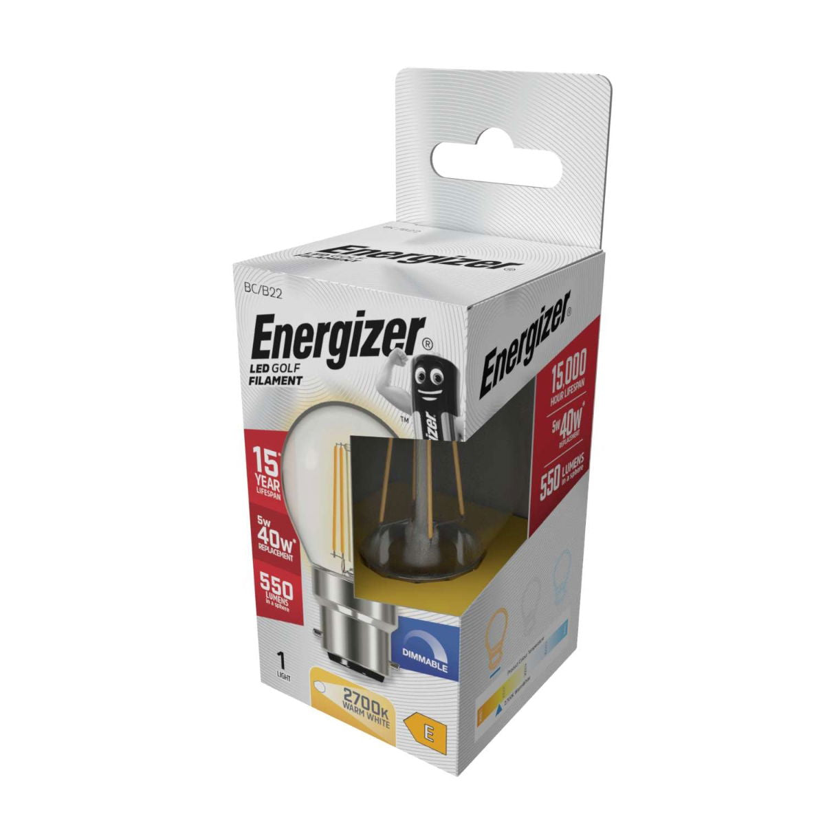 Energizer Golf Filament BC-B22 LED Bulb Transparent 78mm x 45mm S29787 | 5W | 40W Replacement | 2700K Warm White | 550 Lumens | 15-Year Lifespan | Dimmable | 15000Hr Lifespan | Mercury Free | Energy Rating E | CRI-80