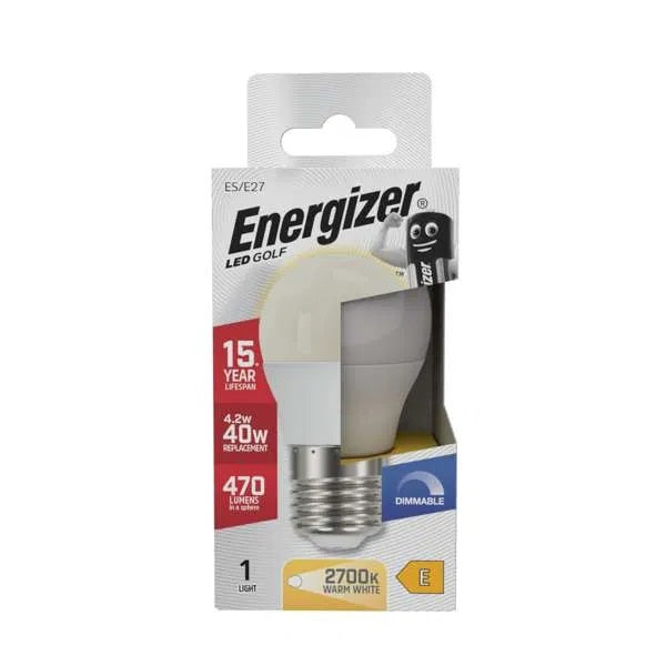 Energizer Golf ES-E27 LED Bulb White 78mm x 45mm S29773 | 4.2W | 40W Replacement | 2700K Warm White | 470 Lumens | 15-Year Lifespan | Dimmable | 15000Hr Lifespan | Mercury Free | Energy Rating E | CRI-80