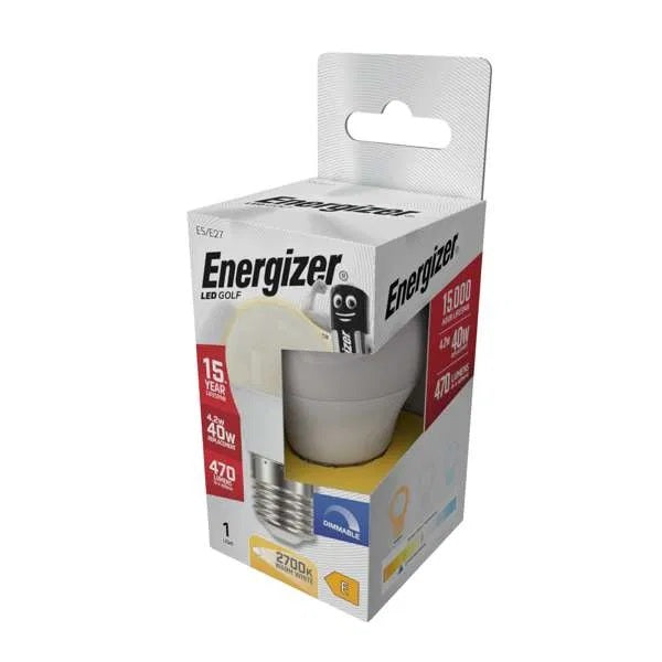 Energizer Golf ES-E27 LED Bulb White 78mm x 45mm S29773 | 4.2W | 40W Replacement | 2700K Warm White | 470 Lumens | 15-Year Lifespan | Dimmable | 15000Hr Lifespan | Mercury Free | Energy Rating E | CRI-80