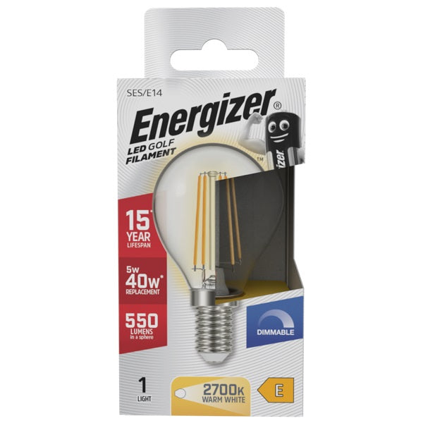 Energizer Golf Filament SES-E14 LED Bulb Transparent 78mm x 45mm S29790 | 5W | 40W Replacement | 2700K Warm White | 550 Lumens | 15-Year Lifespan | Dimmable | 15000Hr Lifespan | Mercury Free | Energy Rating E | CRI-80
