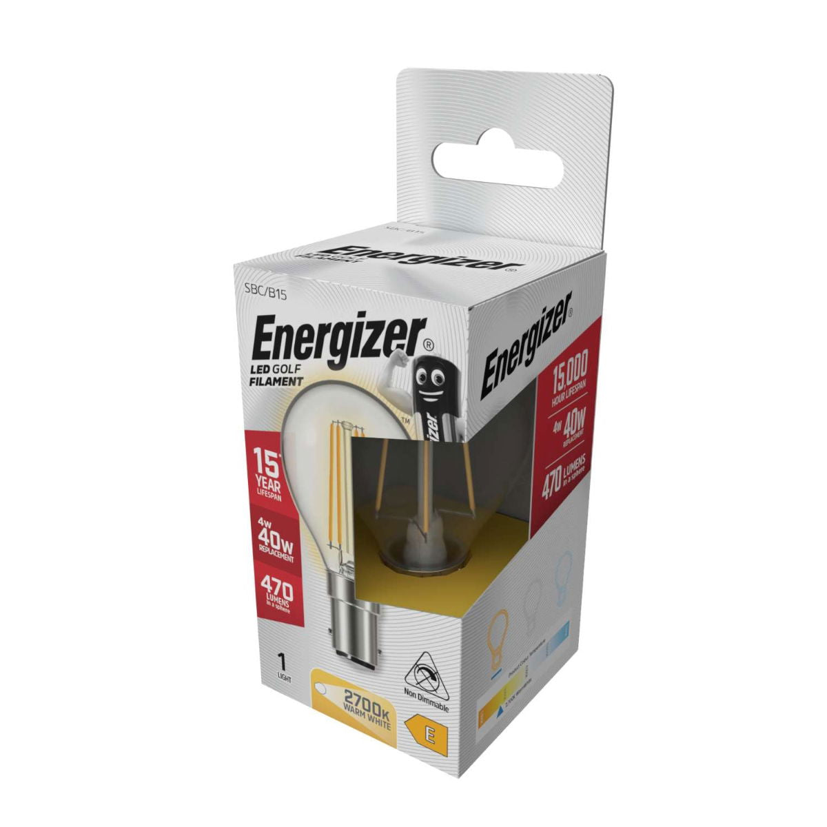 Energizer Golf Filament SBC-B15 LED Bulb Transparent 78mm x 45mm S29788 | 4W | 40W Replacement | 2700K Warm White | 470 Lumens | 15-Year Lifespan | Non-Dimmable | 15000Hr Lifespan | Mercury Free | Energy Rating E | CRI-80
