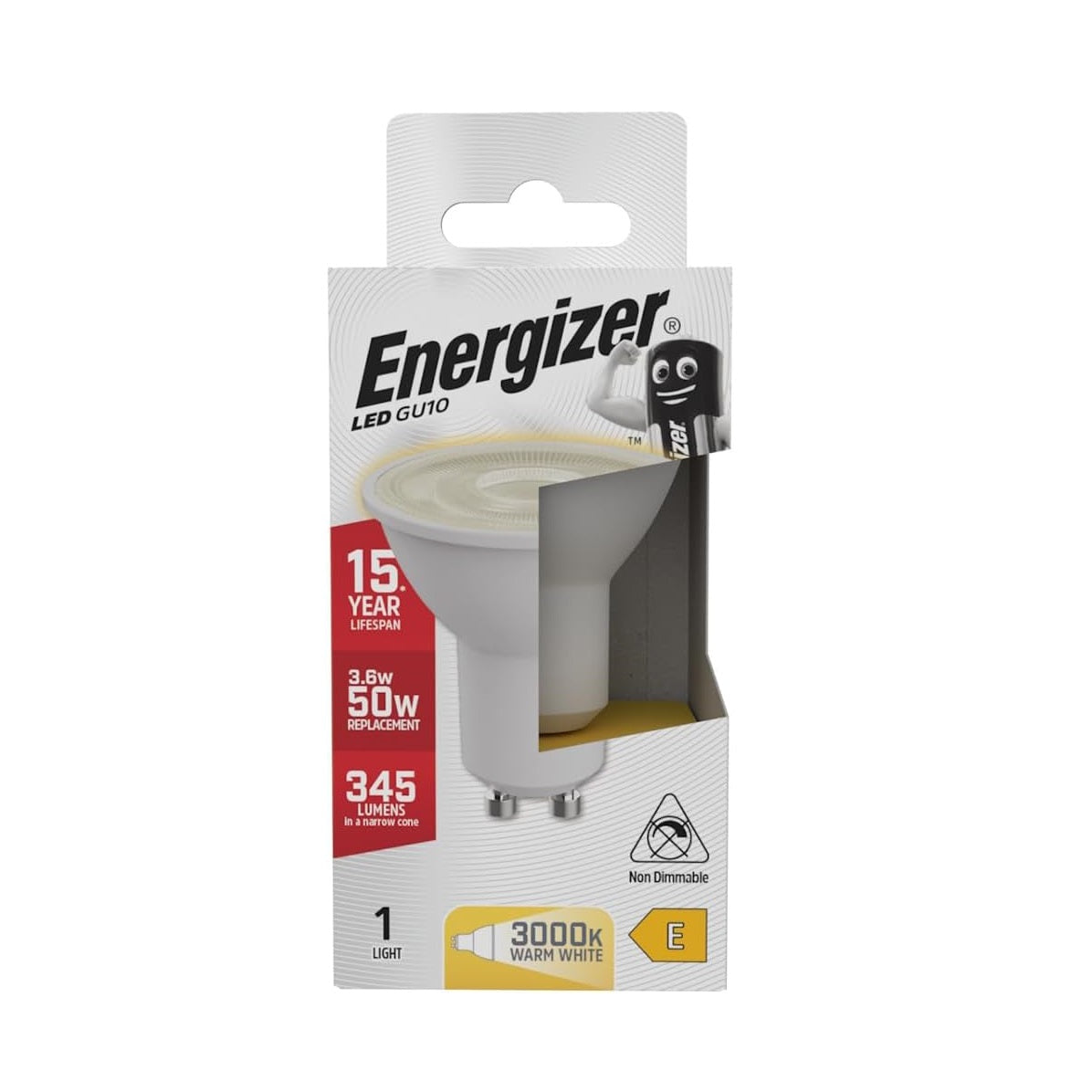 Energizer GU10 LED Light Bulb White 54mm x 50mm S8823 | 3.6W | 50W Replacement | 3000K Warm White | 345 Lumens | 15-Year Lifespan | Non-Dimmable | 15000Hr Lifespan | Mercury Free | Energy Rating E | CRI-80