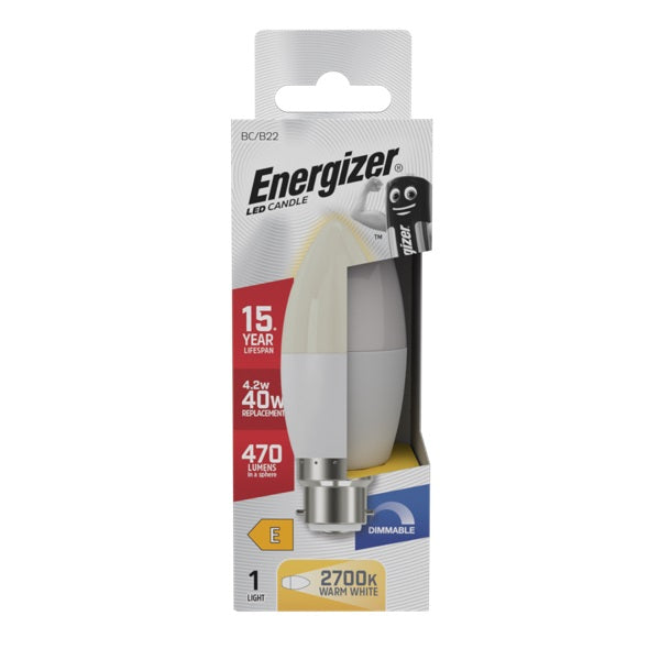Energizer Opal BC-B22 LED Candle White 98mm x 37mm S29767 | 4.2W | 40W Replacement | 2700K Warm White | 470 Lumens | 15-Year Lifespan | Dimmable | 15000Hr Lifespan | Mercury Free | Energy Rating E | CRI-80