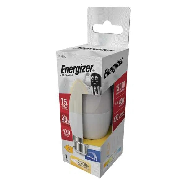 Energizer Opal BC-B22 LED Candle White 98mm x 37mm S29767 | 4.2W | 40W Replacement | 2700K Warm White | 470 Lumens | 15-Year Lifespan | Dimmable | 15000Hr Lifespan | Mercury Free | Energy Rating E | CRI-80