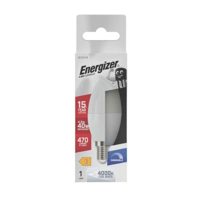 Energizer Opal SES-E14 LED Candle White 100mm x 37mm S30639 | 4.2W | 40W Replacement | 4000K Cool White | 470 Lumens | 15-Year Lifespan | Dimmable | 15000Hr Lifespan | Mercury Free | Energy Rating E | CRI-80