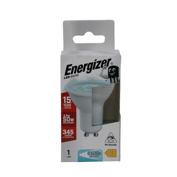 Energizer GU10 LED Light Bulb White 54mm x 50mm S9403 | 3.6W | 50W Replacement | 6500K Daylight | 345 Lumens | 15-Year Lifespan | Non-Dimmable | 15000Hr Lifespan | Mercury Free | Energy Rating E | CRI-80