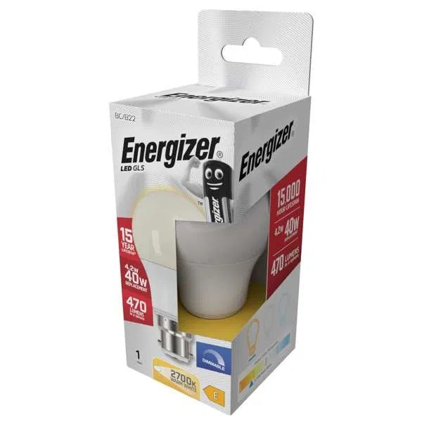 Energizer GLS BC-B22 LED Bulb White 103mm x 60mm S29775 | 4.2W | 40W Replacement | 2700K Warm White | 470 Lumens | 15-Year Lifespan | Dimmable | 15000Hr Lifespan | Mercury Free | Energy Rating E | CRI-80