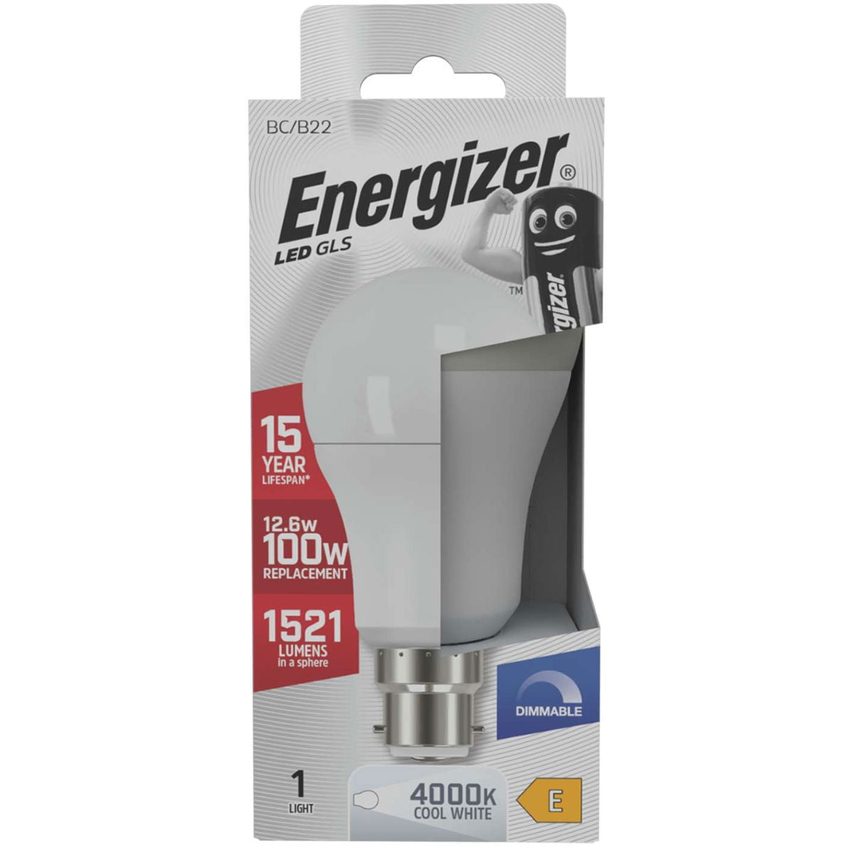 Energizer GLS BC-B22 LED Bulb White 121mm x 60mm S30647 | 12.6W | 100W Replacement | 4000K Cool White | 1521 Lumens | 15-Year Lifespan | Dimmable | 15000Hr Lifespan | Mercury Free | Energy Rating E | CRI-80