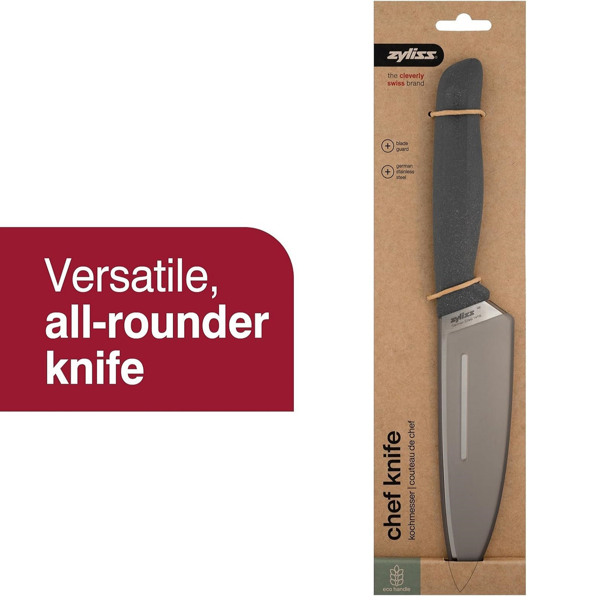 Zyliss Chef Knife Grey 150mm H295mm x W45mm x D20mm E920291 | Blade Guard | German Stainless Steel | Eco Handle