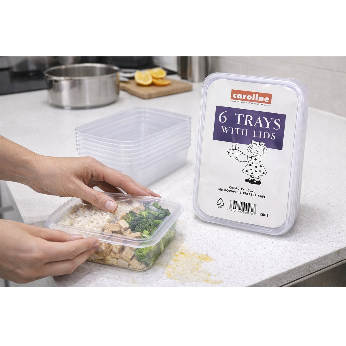 Caroline Rectangular Plastic Food Container Trays With Lids Clear 500ml L16.5cm x W11.5cm x H3.5cm Pack of 6 2001 | Microwave and Freezer Safe