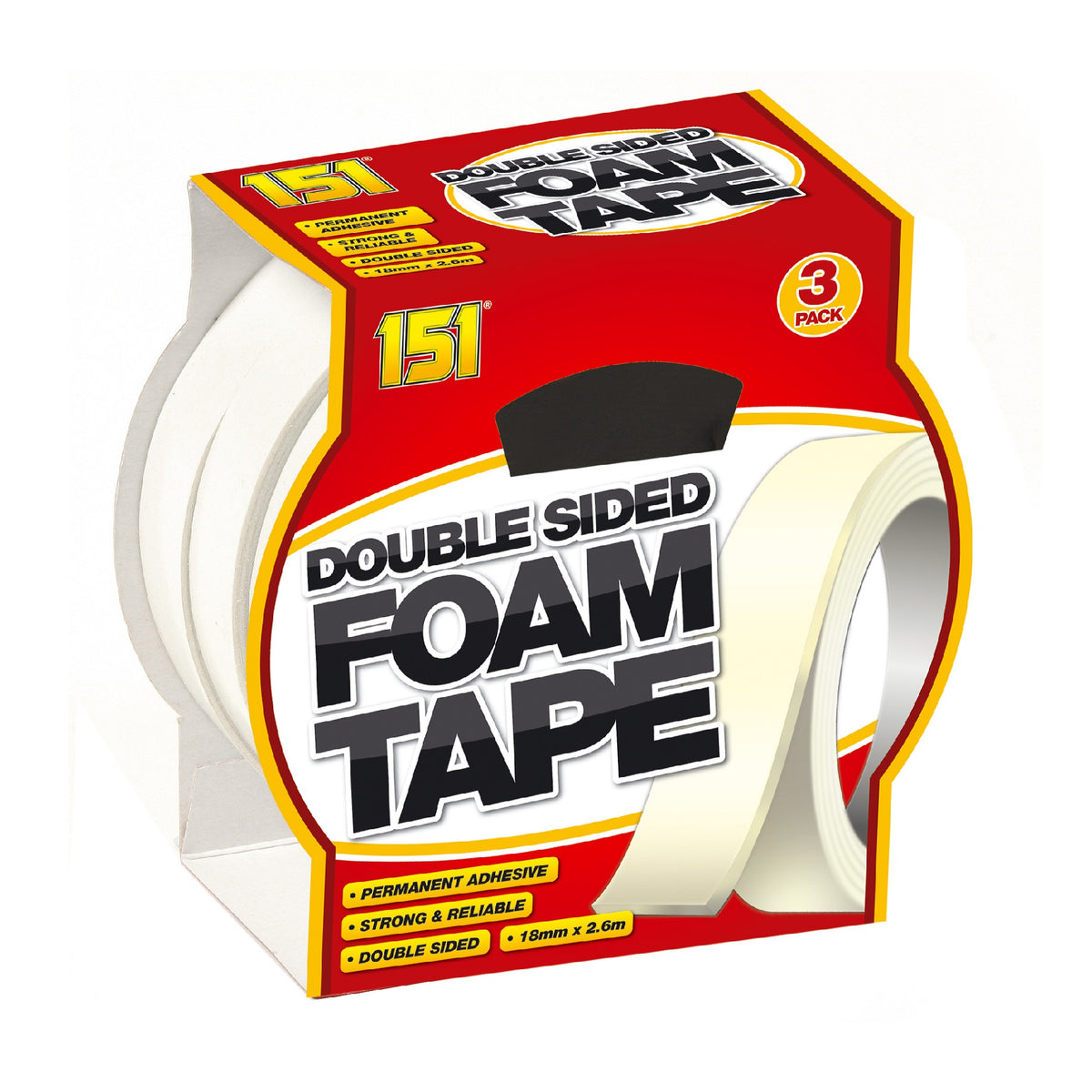 151 Double Sided Foam Tape Roll White 18mm x 2.6Mtr Pack of 3 TT1003-36 | Permanent Adhesive | Strong and Reliable