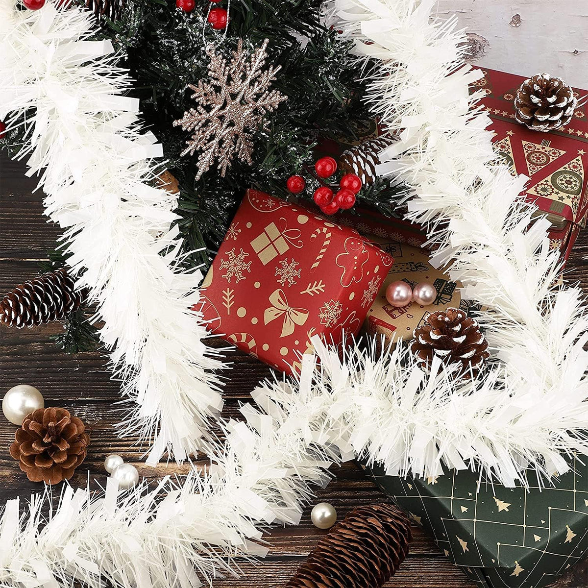 JL Supplies Christmas Tinsel Garland White 2Mtr 7646WHITE | Holiday Decoration | For Tree-Stair-Railing and Home Decor