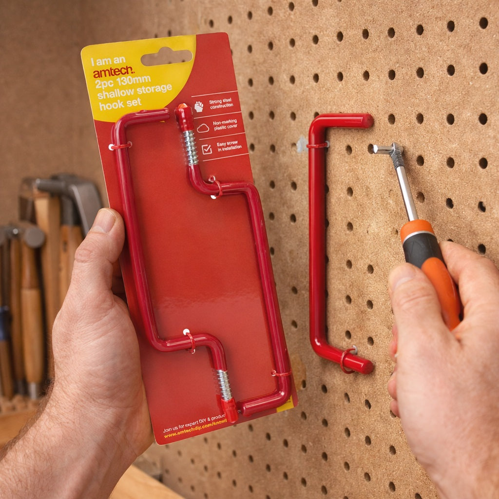 Amtech Shallow Storage Hook Set Red 130mm Pack of 2 S6153 | Strong Steel Construction | Non-Marking Plastic Cover | Easy Screw in Installation