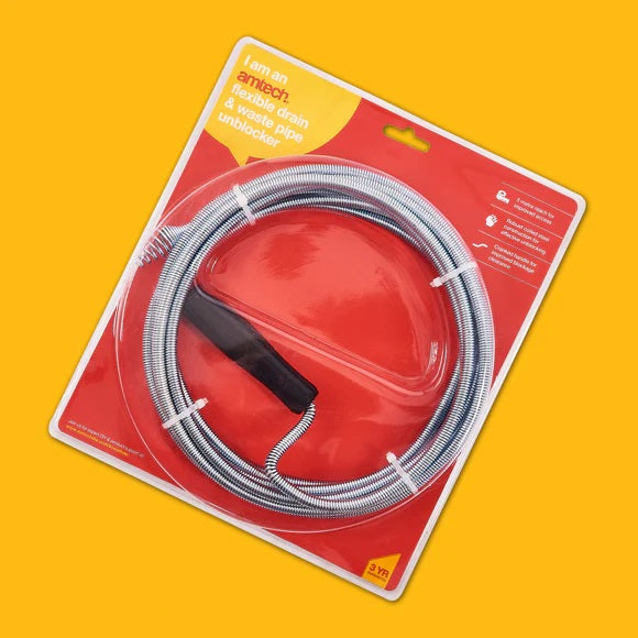 Amtech Flexible Drain and Waste Pipe Unblocker Silver and Black 5Mtr S1895 | Robust Coiled Steel Construction