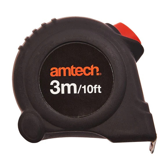Amtech Self Locking Measuring Tape Black and Red 3Mtr x 16mm P1260 | Steel Blade | Push Button Recoil