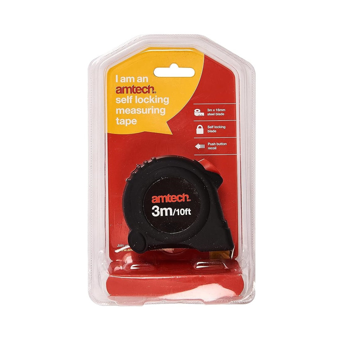 Amtech Self Locking Measuring Tape Black and Red 3Mtr x 16mm P1260 | Steel Blade | Push Button Recoil