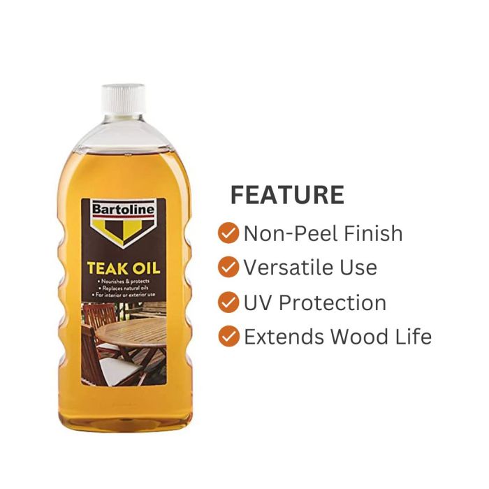 Bartoline Teak Oil Light Brown 1Ltr 26214670 | Nourishes and Protects | For Indoor and Outdoor Use | Replaces Natural Oils | Versatile Use | Extends Wood Life