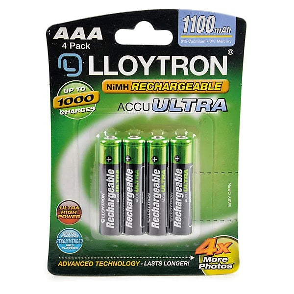 Lloytron AAA NiMH Accu Ultra Batteries Green and Black Pack of 4 B1004 | 1100mAh | Advance Technology | Lasts Longer | Up to 1000 Charges