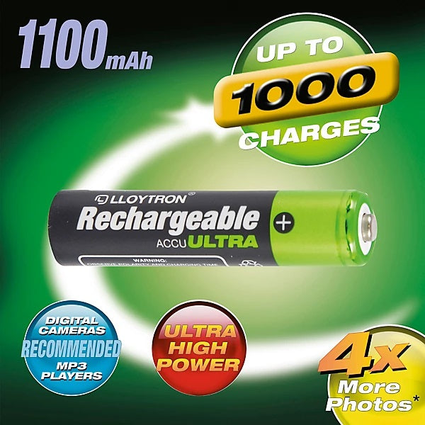 Lloytron AAA NiMH Accu Ultra Batteries Green and Black Pack of 4 B1004 | 1100mAh | Advance Technology | Lasts Longer | Up to 1000 Charges