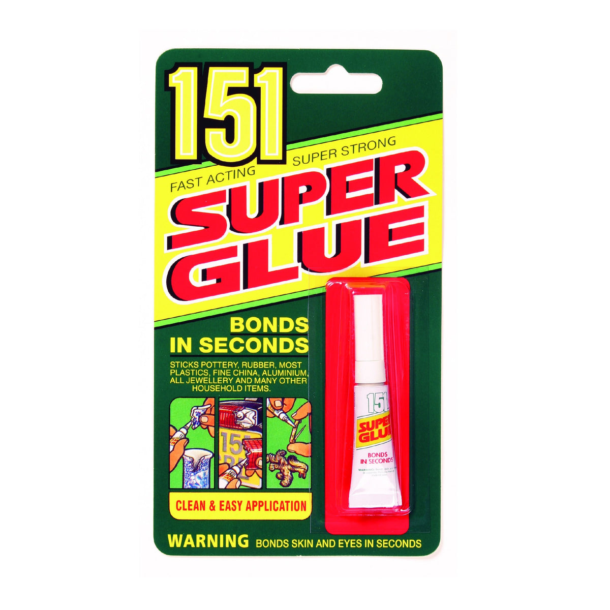 151 Super Glue Tube Clear 3g 00040 | Fast Acting | Super Strong | Bonds in Seconds | Clean and Easy Application | Sticks Pottery-Rubber-Most Plastics-Fine China-Aluminium-All Jewellery and Many Other Household Items | Bonds Skin and Eyes in Seconds