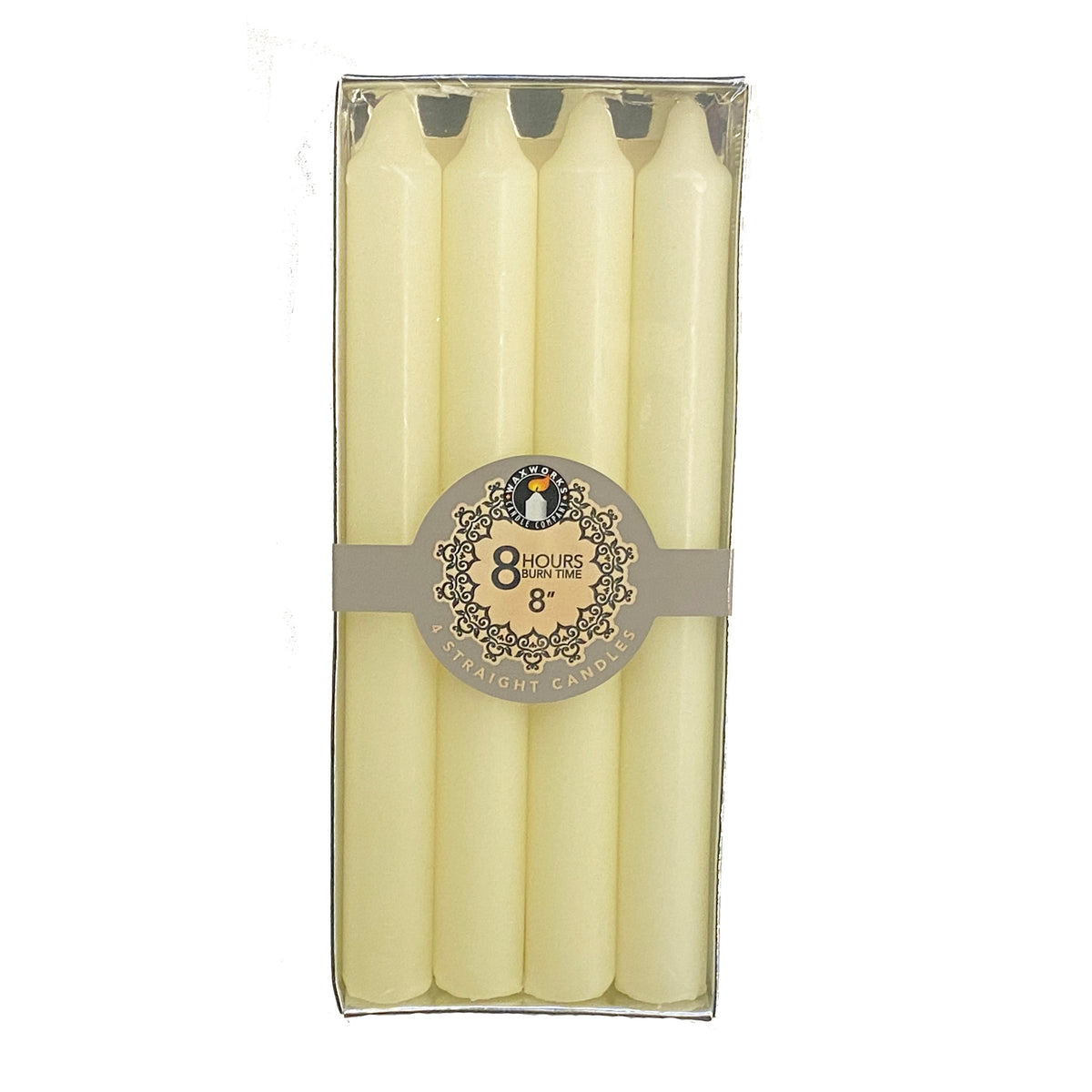 151 Wax Works Straight Candles Ivory 8-Inch Pack of 48 PAN0501 | 8 Hours Burn Time