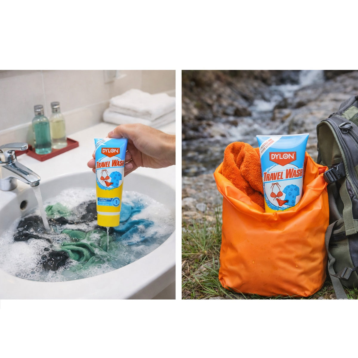 Dylon Travel Wash Liquid Detergent Multicoloured 75ml 2044274 | Concentrated and Compact | Non-Bio and Colour Safe | Holiday Wash Essential | For hand Luggage | Fabric Cleaner | Hand Wash Liquid