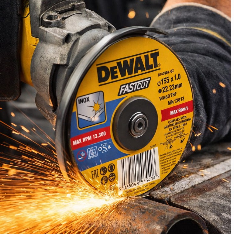 Dewalt Fastcut Metal Cutting Disc Yellow 115mm x 1mm DT43901-QZ | 22.23mm Bore | INOX Stainless Steel | 13300 RPM | EN12413 Certified | Angle Grinder Wheel | Steel Cutting Disc | Abrasive Metal Disc
