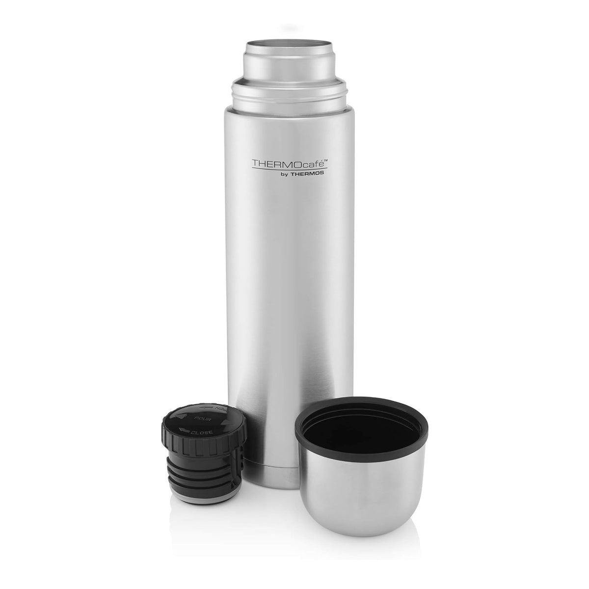 ThermoCafe by Thermos Stainless Steel Vacuum Insulated Flask Metallic Grey 24cm x 9cm 0.5Ltr 181109 | Double Wall Thermal Bottle | With Screw Lid and Cup | Hot and Cold Beverage Thermos | Keeps Warm for 8Hr | Cold for 12Hr