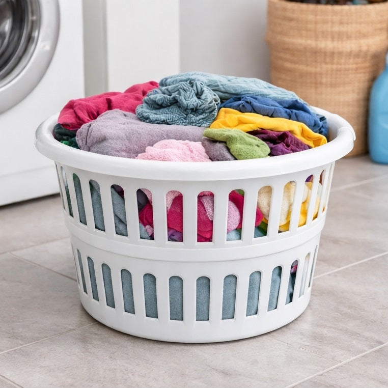 Whitefurze Round Plastic Laundry Basket Cream 48cm H191C8 | Ventilated Plastic Clothes Storage Tub | Washing Basket | Washing Hamper