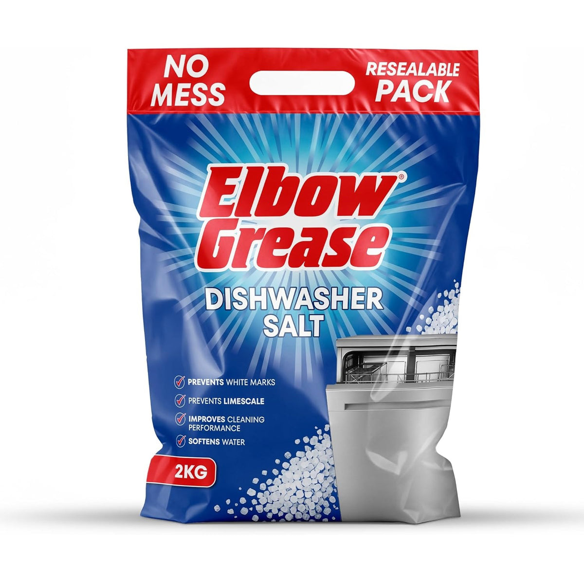 151 Elbow Grease Dishwasher Salt White 2Kg EG331 | Prevents White Marks | Prevents Limescale | Softens Water | Improves Cleaning Performance