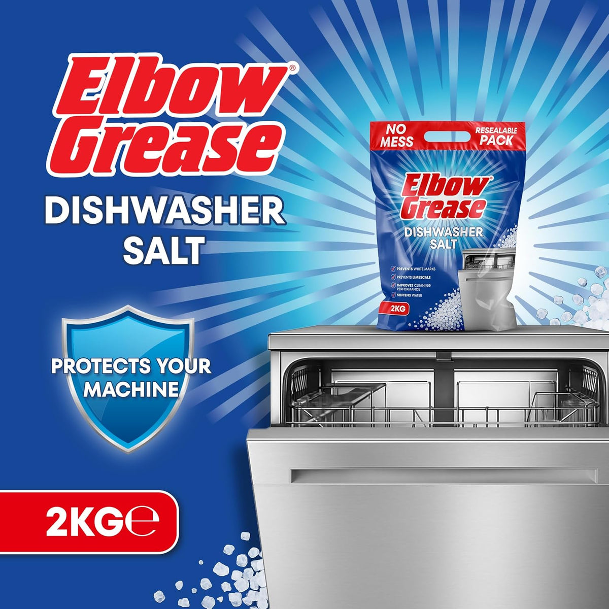 151 Elbow Grease Dishwasher Salt White 2Kg EG331 | Prevents White Marks | Prevents Limescale | Softens Water | Improves Cleaning Performance