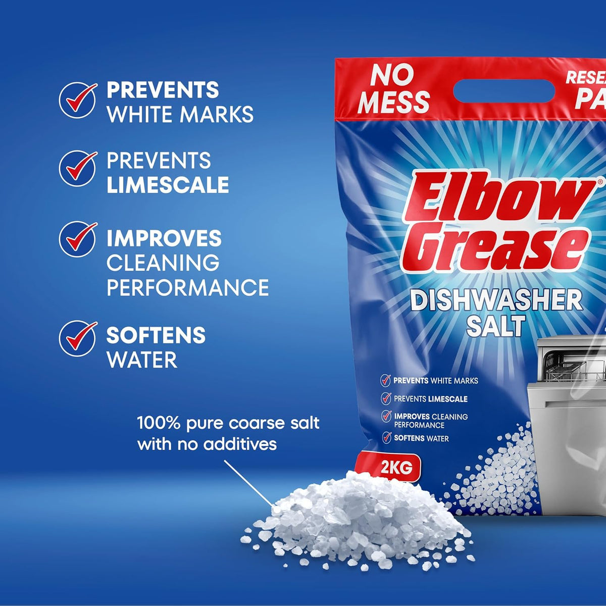 151 Elbow Grease Dishwasher Salt White 2Kg EG331 | Prevents White Marks | Prevents Limescale | Softens Water | Improves Cleaning Performance