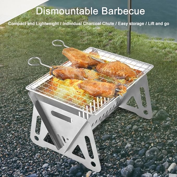 Redcliffs Outdoor Gear Mini Barbecue Grill Chrome Finish 28cm x 15cm x 12.5cm C83506220 | Stainless Steel Portable BBQ | Easy To Assemble | Compact Camping Charcoal Grill | Includes Carry Pouch | Pouch Size - 30cm x 16cm x 2cm