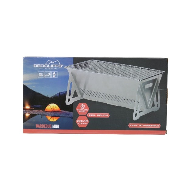 Redcliffs Outdoor Gear Mini Barbecue Grill Chrome Finish 28cm x 15cm x 12.5cm C83506220 | Stainless Steel Portable BBQ | Easy To Assemble | Compact Camping Charcoal Grill | Includes Carry Pouch | Pouch Size - 30cm x 16cm x 2cm
