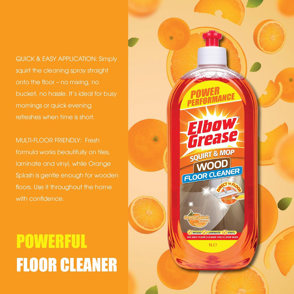 151 Elbow Grease Orange Splash Squirt and Mop Wood Floor Cleaner Orange 1Ltr EG281 | Power Performance | Direct To Floor Cleaning Solution | Suitable for Wood-Laminate and Vinyl | Multi-Surface Cleaner | Wood Surface Cleaner