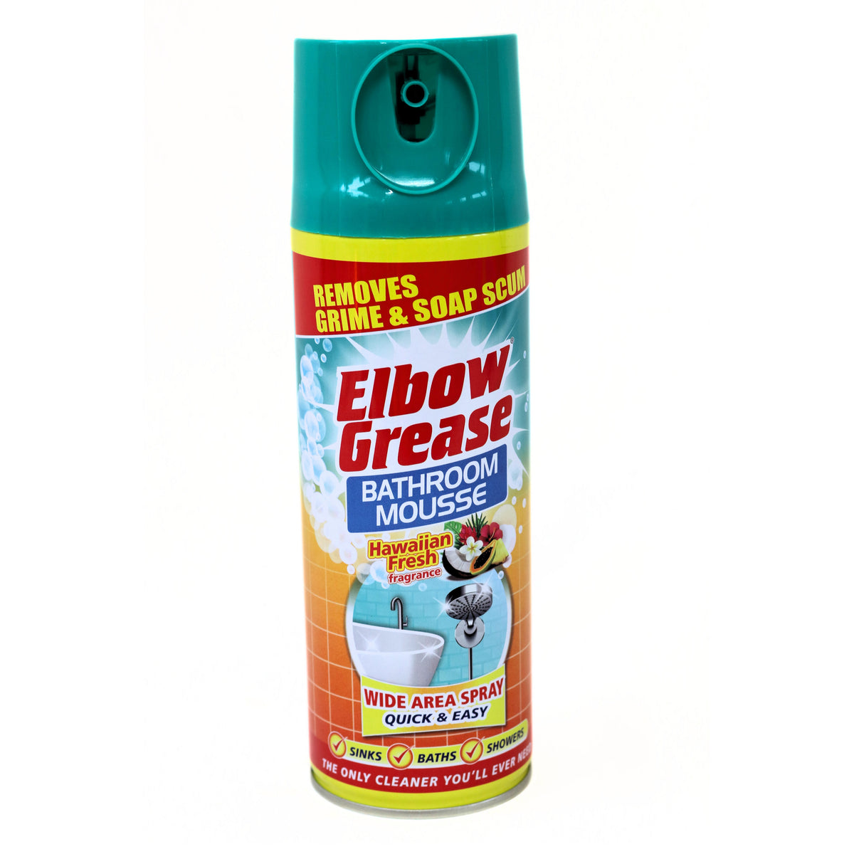 Elbow Grease Bathroom Mousse Cleaner Spray Hawaiian Fresh Fragrance White 400ml | Wide Area Spray | Quick and Easy | Removes Grime and Soap Scum | Foam Bathroom Cleaner for Sinks-Baths-Showers
