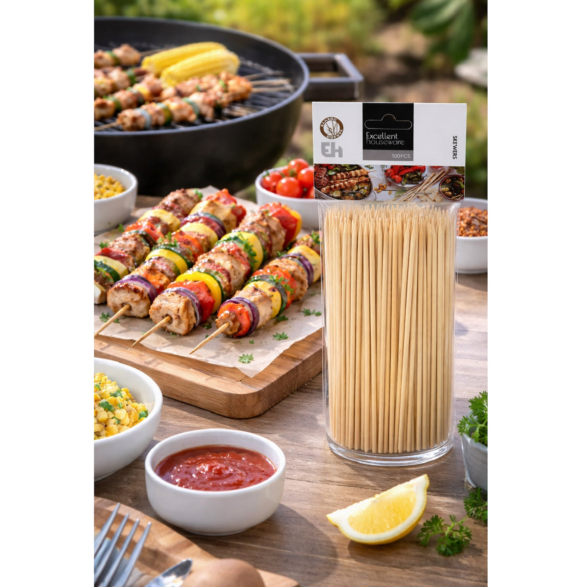 Excellent Houseware Bamboo Skewers Natural 20cm Pack of 100 408100620 | Wooden BBQ Skewers | Disposable Food Sticks for Grilling Kebabs-Barbecue Party-Cooking