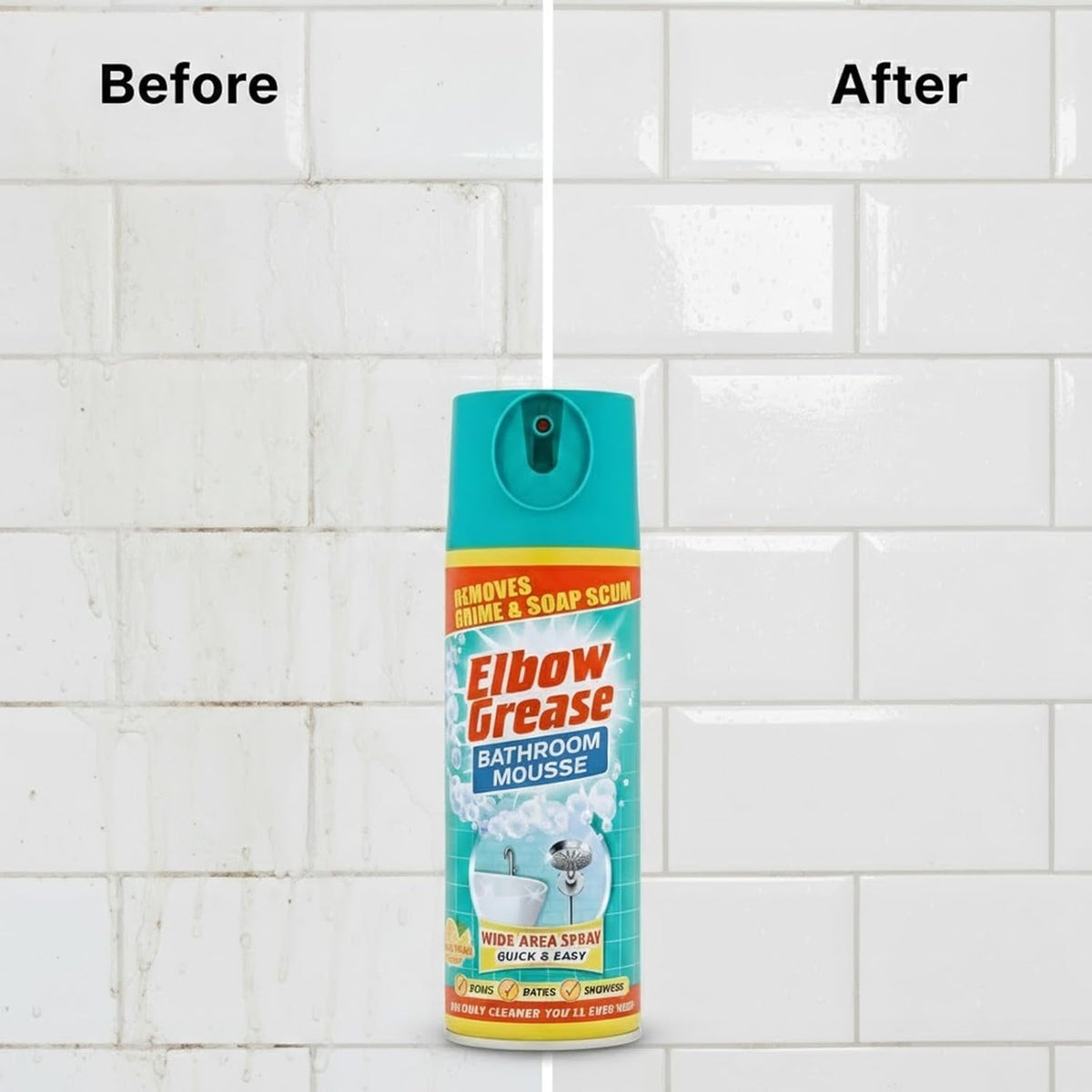 151 Elbow Grease Lemon Fresh Bathroom Mousse Spray Multicoloured 400ml EG170 | Removes Grime and Soap Scum | Wide Area Foam Cleaner | For Sinks-Baths and Showers | Cleans Sinks-Baths and Showers | Prevent Limescale | Bathroom Grime Remover