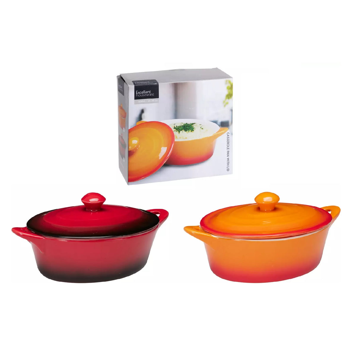 Excellent Houseware Porcelain Casserole Pan with Lid Assorted Colours 600ml 230mm x 145mm x 85mm Pack of 1 Q51200800 | Oven Safe Small Baking Dish | Mini Serving Casserole for Cooking-Baking and Food Presentation