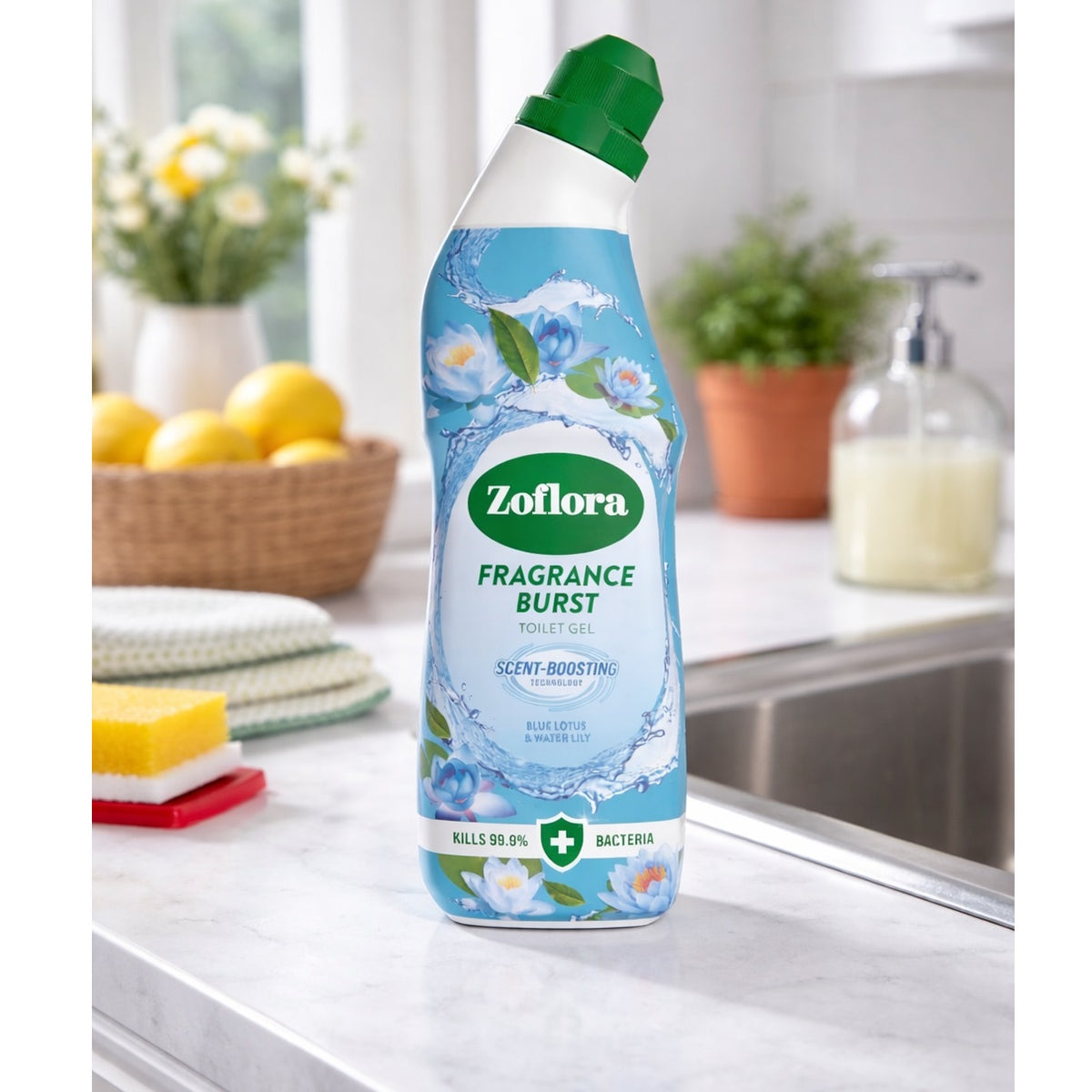 Zoflora Fragrance Burst Blue Lotus and Water Lily Toilet Gel Blue 750ml 12189 | Scent Boosting Technology | Kills Bacteria | Long Lasting Toilet Cleaner | Toilet Cleaning Gel | Hygiene Gel | Toilet Bowl Sanitising Gel | Refreshing Scent Boost | Powerful