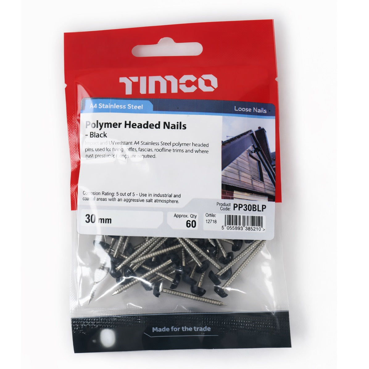 Timco Polymer Headed A4 Stainless Steel Pins Black 30mm Pack of 60 PP30BLP | UV Stable | Impact resistant | Used for Fixing Soffits-fascias-Roofline Trims | Shank - 2.1mm | Substrates - Corrosive Wood | Fixing Pins | Fixing Nails | Cladding Pins