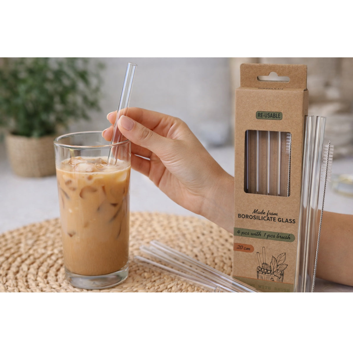 Drinking Straws with Brush Clear 20cm Pack of 5 CY5655660 | Made from Borosilicate Glass | Re-usable | 4 Piece Eco-Friendly Transparent Straws with Cleaning Brush