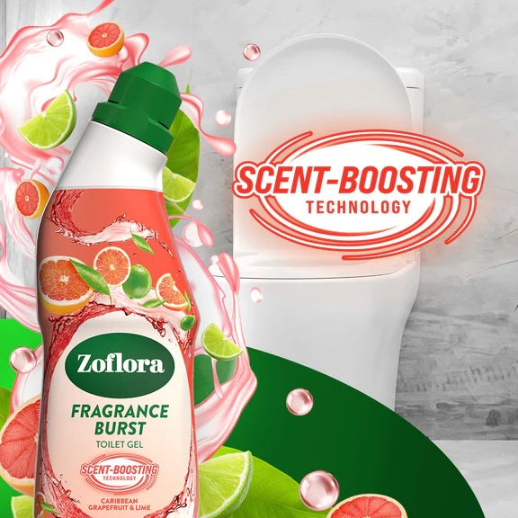 Zoflora Fragrance Burst Caribbean Grapefruit and Lime Toilet Gel Multicoloured 750ml 12190 | Scent Boosting Technology | Kills Bacteria | Long Lasting Toilet Cleaner | Toilet Cleaning Gel | Hygiene Gel | Toilet Bowl Sanitising Gel | Refreshing Scent Boost | Powerful Fresh Scent | Antibacterial Toilet Cleaner | Citrus Bathroom Toilet Cleaning Gel | Toilet Descaler Gel