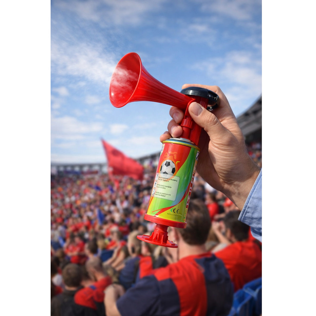 JL Supplies Ltd Hand-Pump Air Horn Red 6734 | No Gas Loud Noise Maker for Football and Sports Events | Manual Stadium Horn and Party Trumpet for Celebrations and Boating Safety